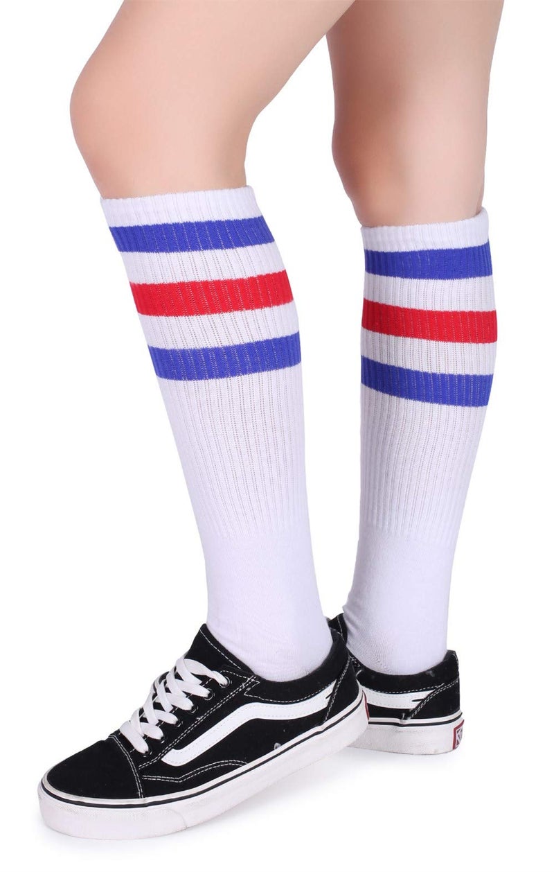 Pareberry Classical Triple Stripes Soft Cotton Over-the-Calf Retro Tube Socks (A-Pair(Blue/Red/White)) - Image 3